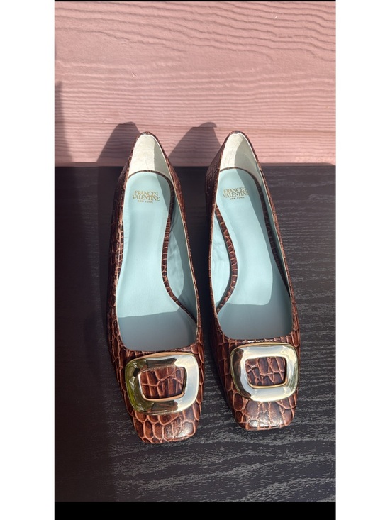 Frances Valentine Croc-Embossed Brown Pumps with Gold Buckles main image 0